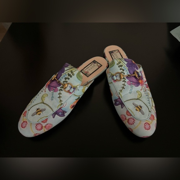 Gucci xSkilled Worker Flora Painted Princetown Slipper 39 Cloudy Blue Multicolor - Picture 8 of 9